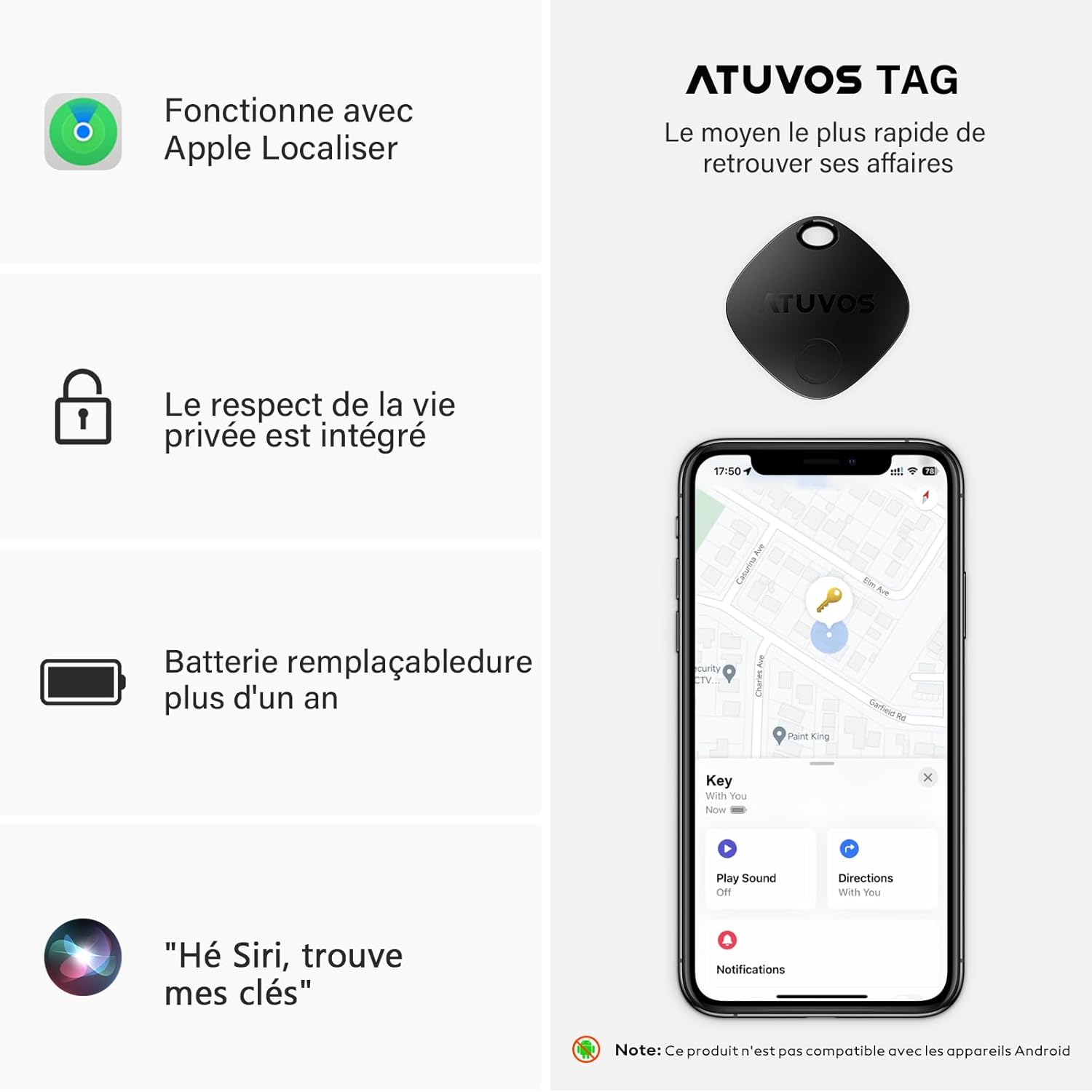 Key Finder Air Tag Traceur, Fonctionne avec l’app Localiser Apple (Uniquement iOS), Batterie Remplaçable, Localisateurs D’Objets Bluetooth Tracker pour Valises/Portefeuilles/Clés/Sacs, Noir Noir/1 Pack