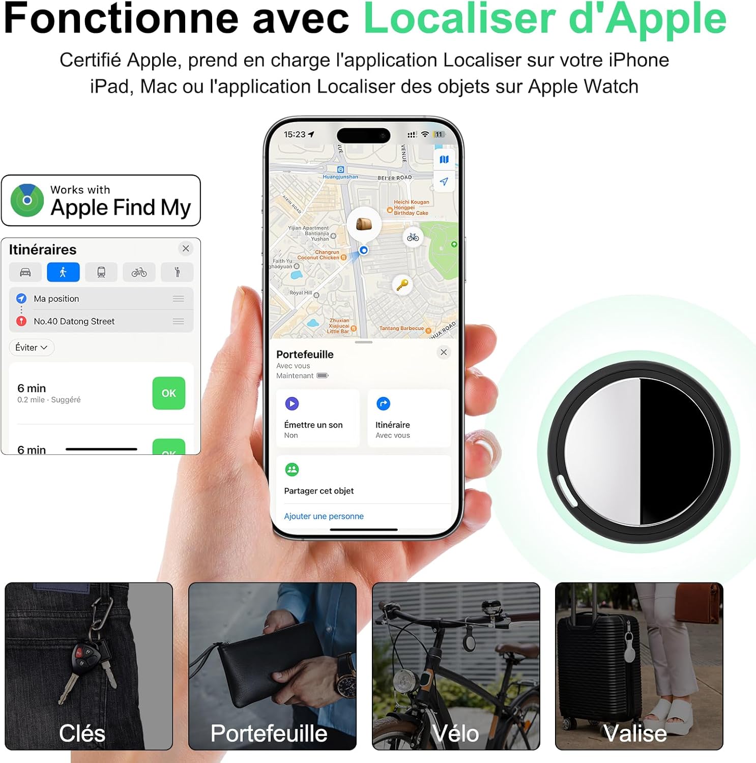 Air Tracker Tag Traceur Fonctionne avec l’app Localiser Apple (iOS Uniquement) Comprend Batterie de Secours, Localisateur d'objets Bluetooth pour Clés, Portefeuille, Bagages (Noir, Lot de 4) Lot de 4 Noir